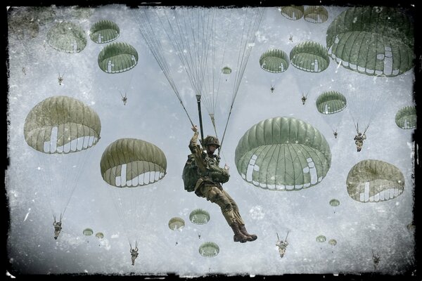 Sky parachutists clouds landing