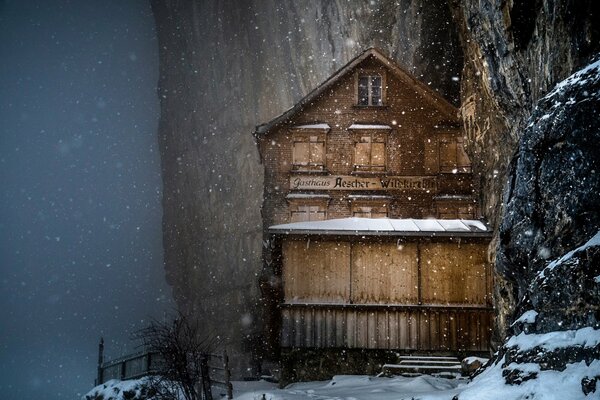 Winter snow-covered hotel in Switzerland