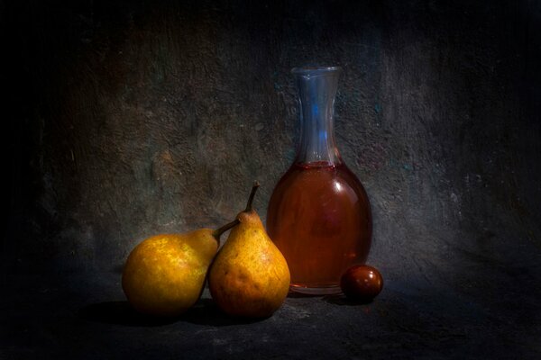 Stillleben Flasche Oliven und Birnen