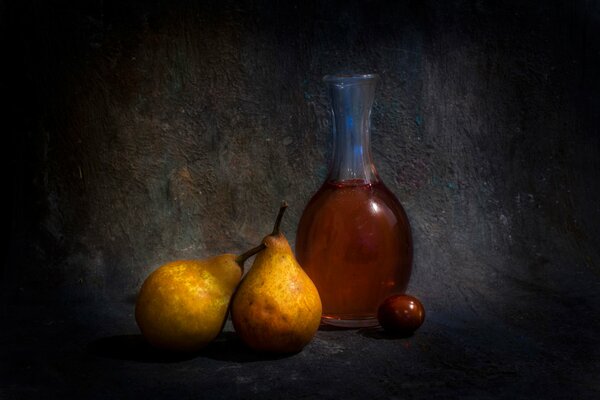 Still life bottle of olive and pear