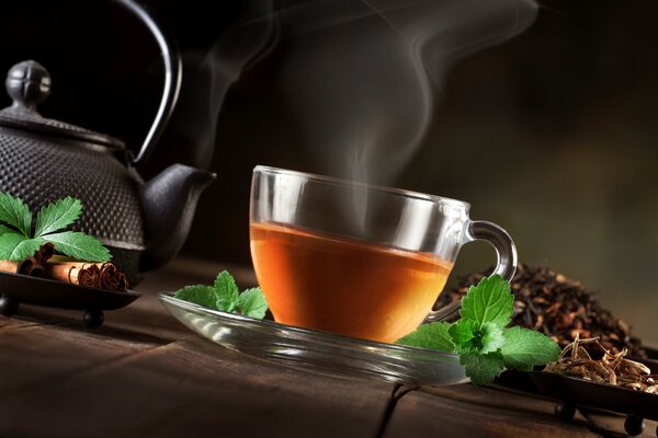 A cup of hot tea with mint