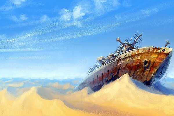 Art picture of a ship in the desert