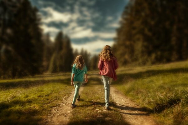 Two girls take a walk in nature