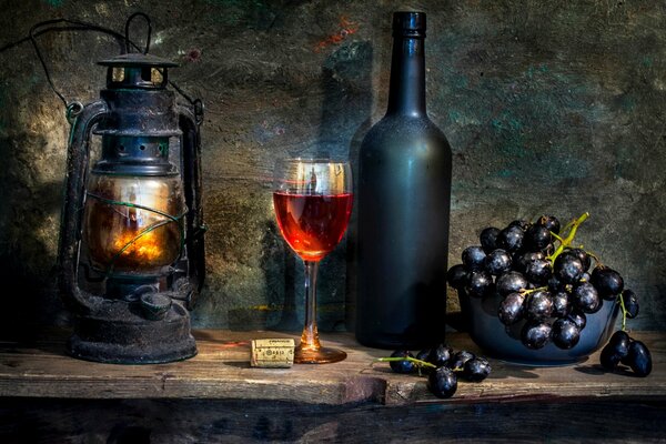 Still life wine bottle, portable lantern