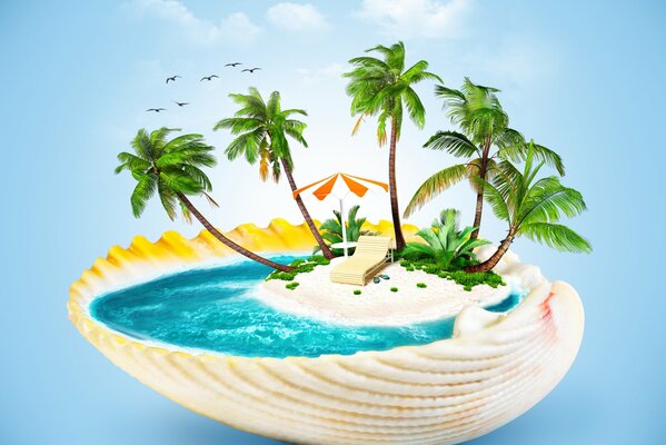Creative island with palm trees inside the shell