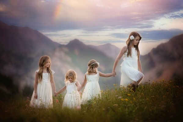 Children girls in beautiful nature