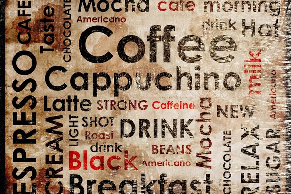 Lettering con nomi di caffè in inglese
