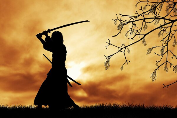Темный силуэт самурая с катаной на фоне закатного неба