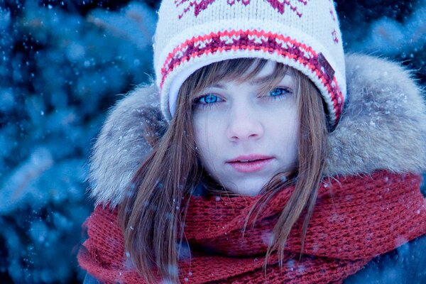 Winter portrait of a girl with a scarf and a hat