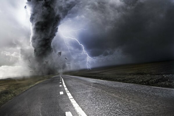 Marking on the road on the background of lightning