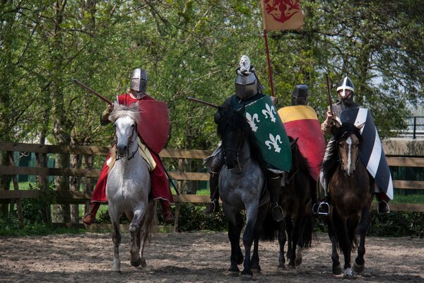 Knights warriors in armor on horseback