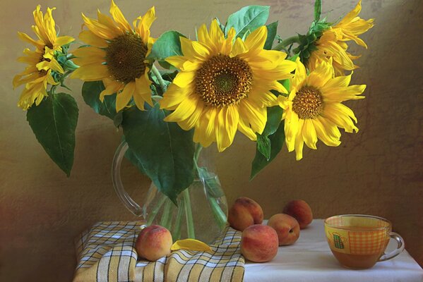 Bodegón con girasoles en una jarra