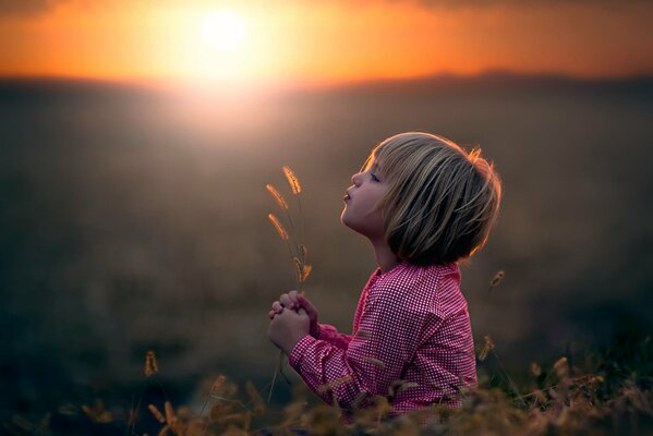 Una niña en un campo con una espiga en sus manos contra el sol que se pone