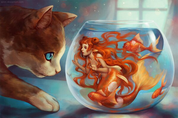 Gato mirando a la sirena de pelo rojo en el acuario