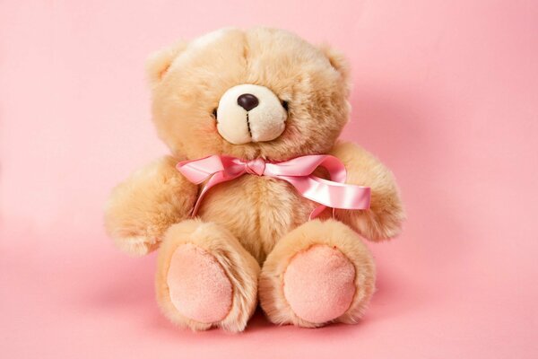 Teddy bear on pink background with pink ribbon