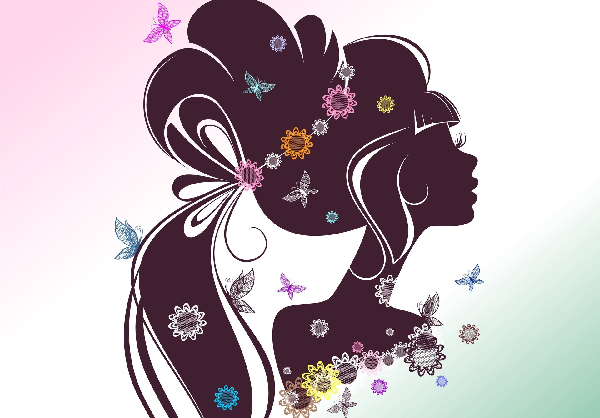 fille profil visage cheveux silhouette fleurs cils fond papillons