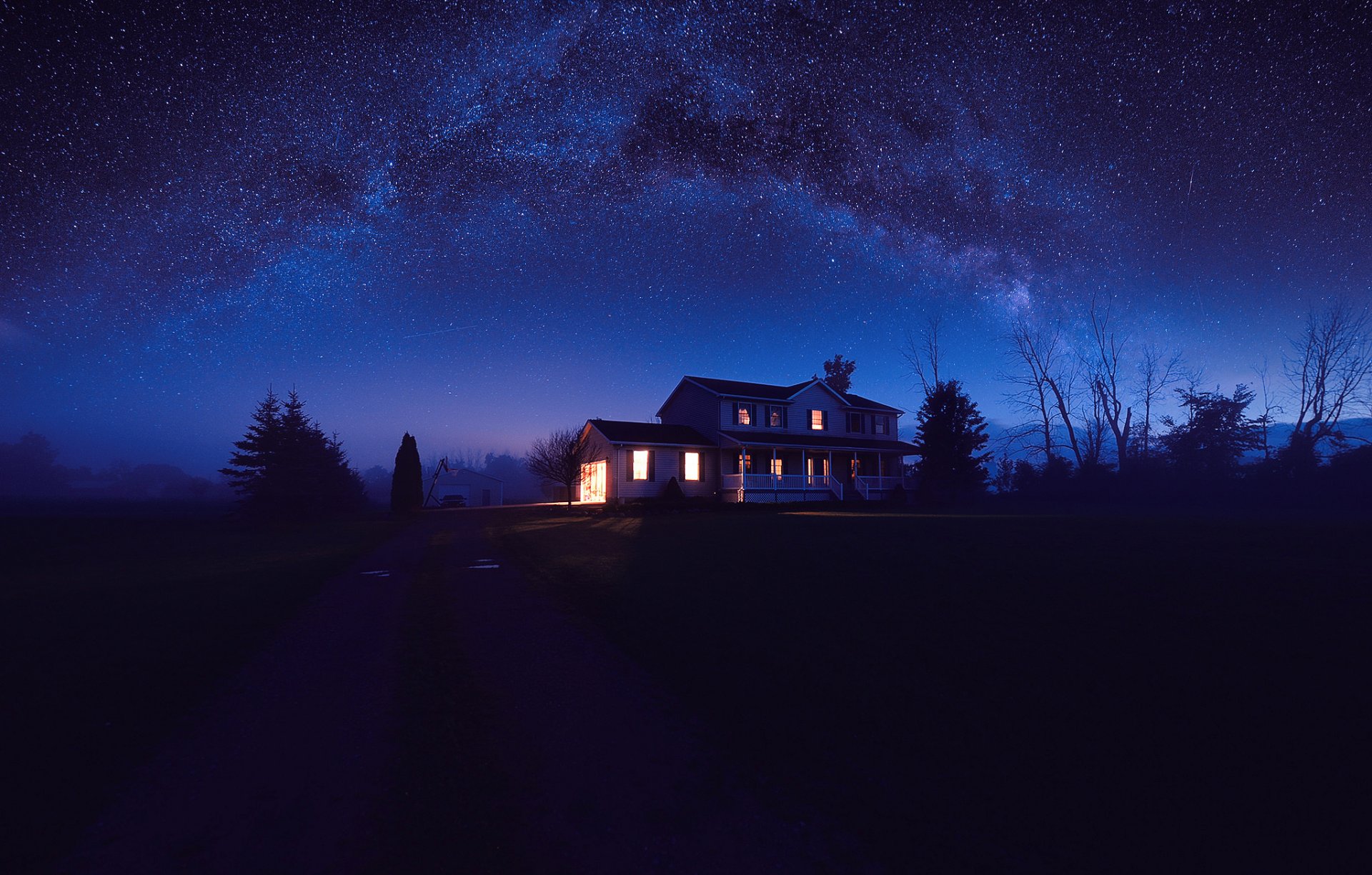 notte oscurità cielo stelle casa luce strada alberi natura