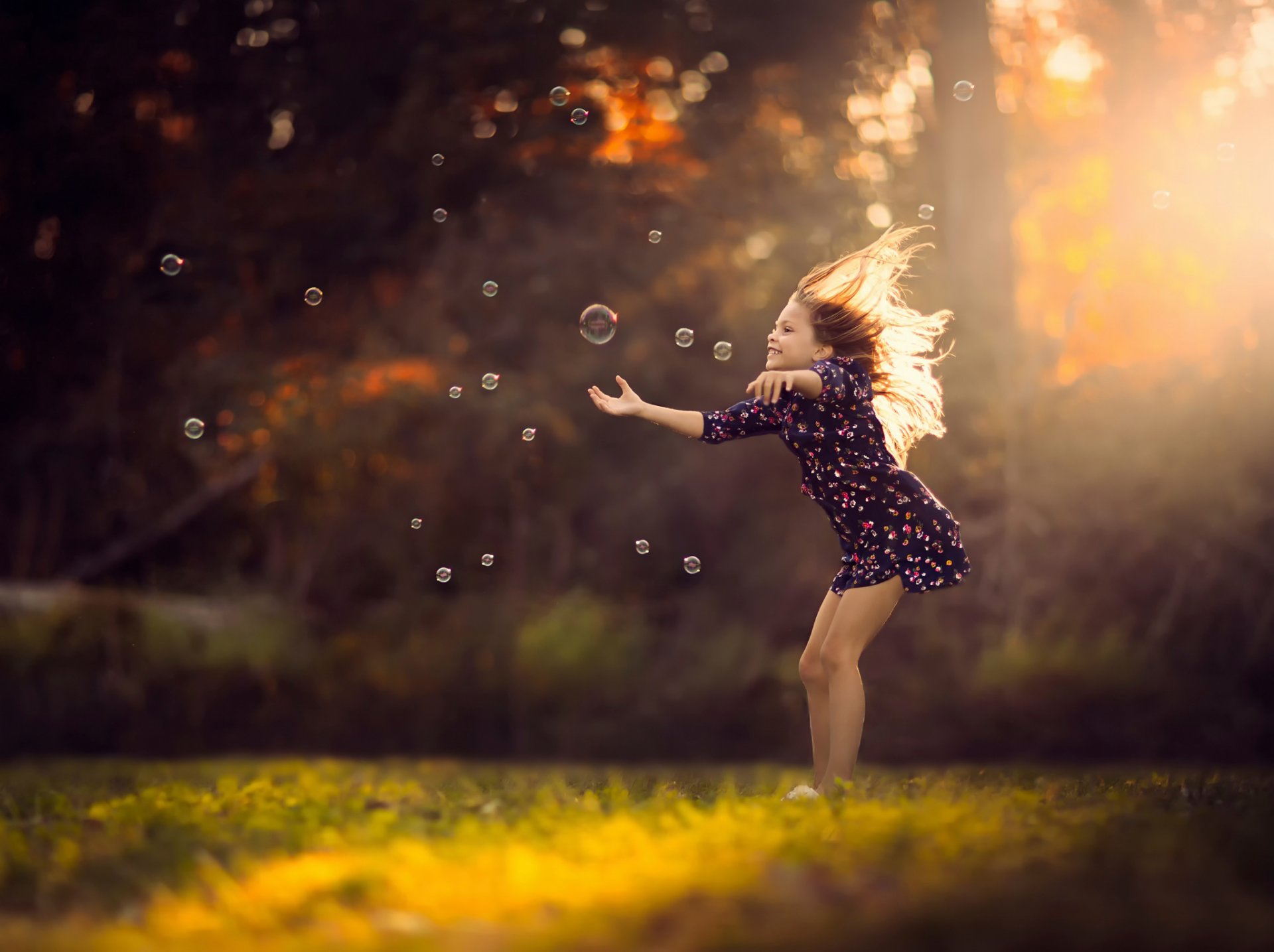 girl dress bubbles sunlight