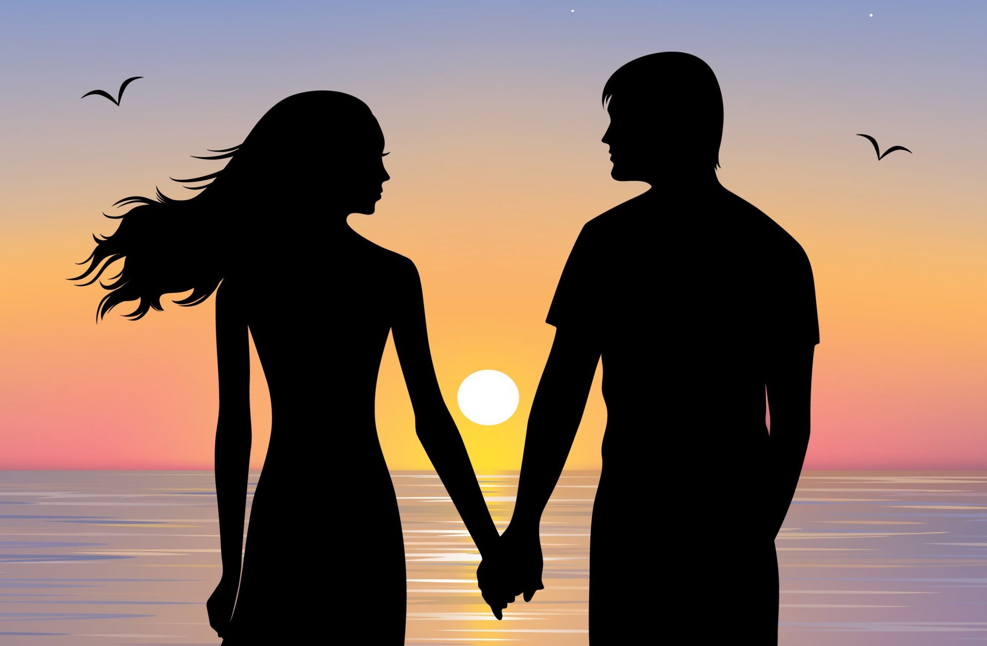 girl guy silhouette couple the pair hands love view sky bird