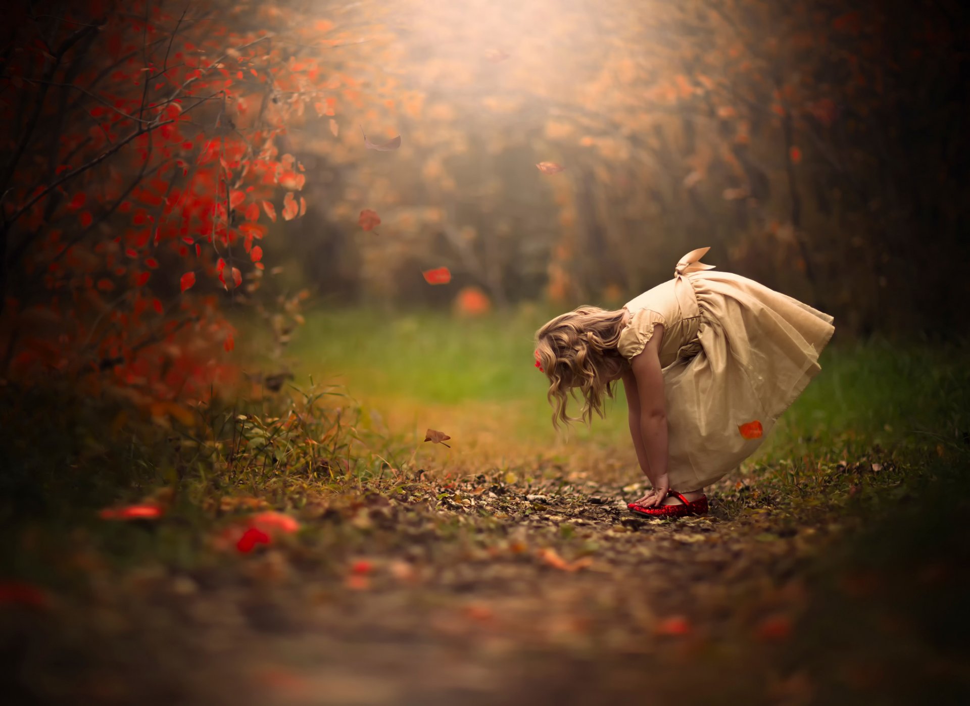 niña otoño.hojas vestido