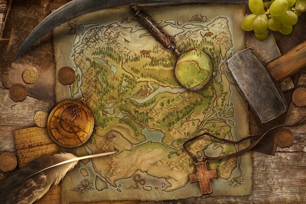 Stara mapa poszukiwacza skarbów z monetami i narzędziami