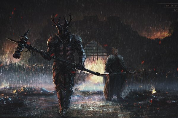 Creepy art demon warrior with a weapon walks in the night rain