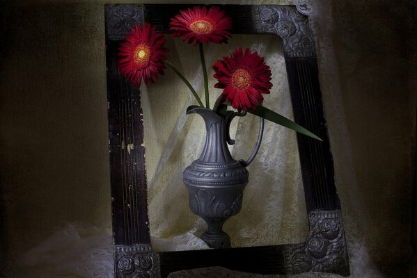 Painting with red flowers in a teapot