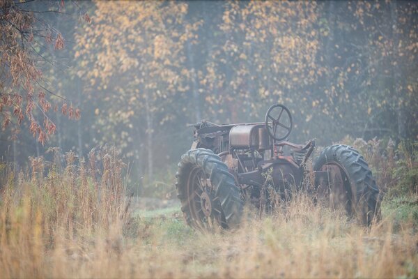 Traktor im Hintergrund des Herbstes im Nebel