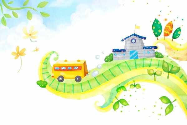 Disegno per bambini con autobus stradale e Castello