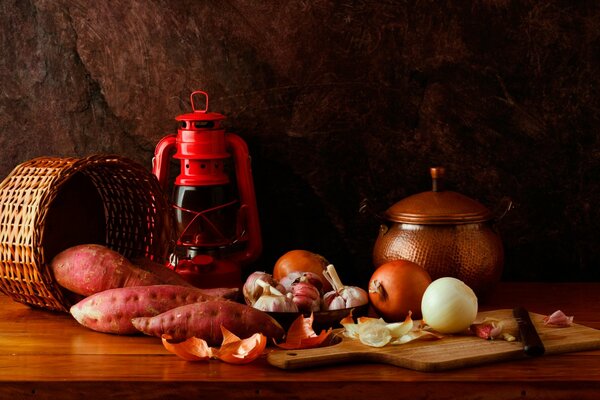 Rustic still life on the background of a stone wall