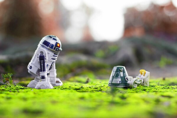 Robot toys from Star Wars on the green playground