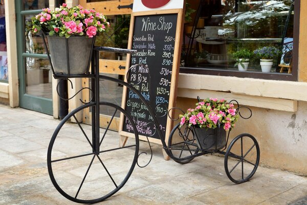 Fahrrad-Blumenständer auf Schaufensterhintergrund