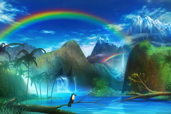 A lake with a waterfall and palm trees on the background of mountains and a bright rainbow across the sky