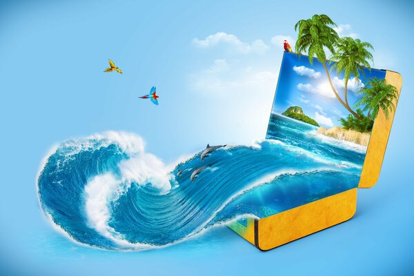 Blue wave from a yellow suitcase