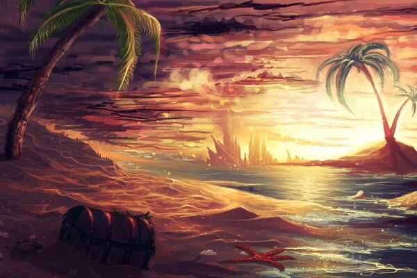 Картинка заката на море с сундуком и пальмой