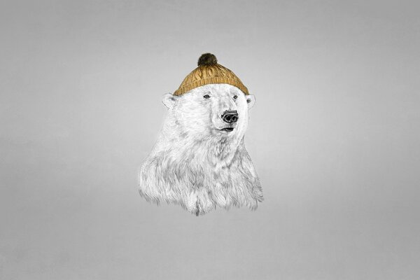 Oso polar con un sombrero amarillo sobre un fondo monocromático