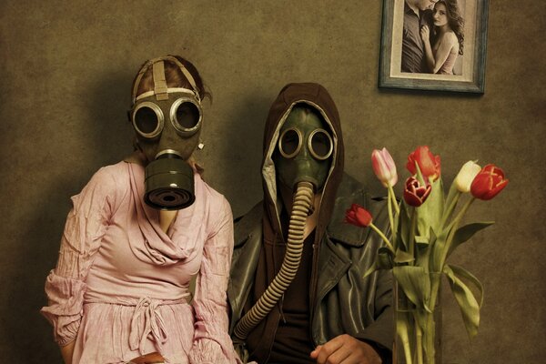 An unusual caricature of allergy sufferers - in gas masks and with a bouquet