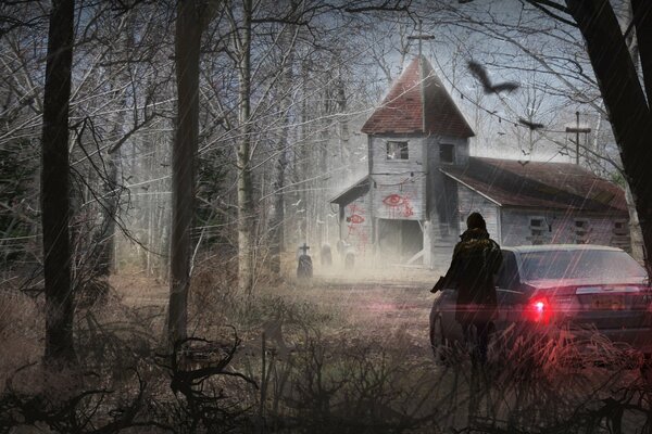 Creepy art with an abandoned church and an armed girl in a car