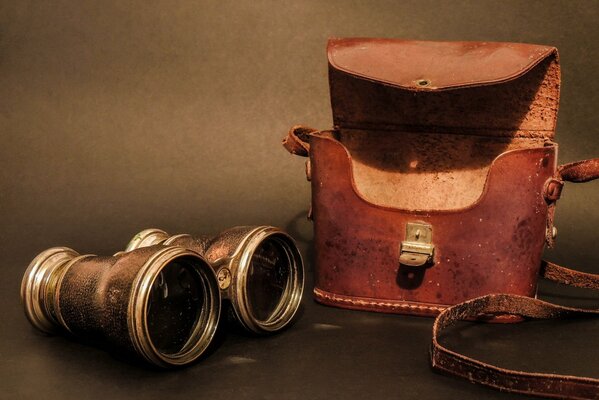 Binocolo vintage e custodia in pelle. Fine Ottocento