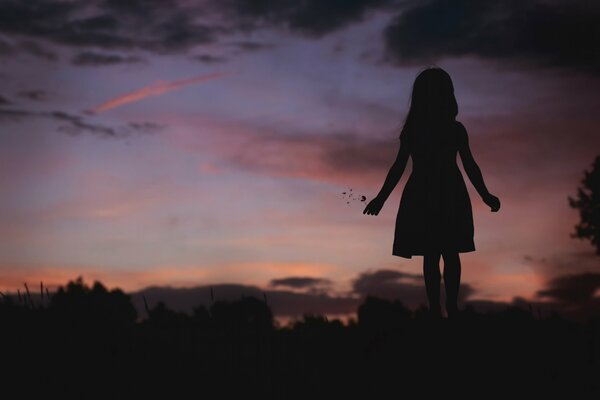 Siluet girls with a dandelion at dusk