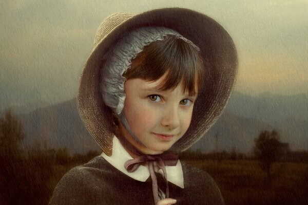 An old portrait of a girl in a hat