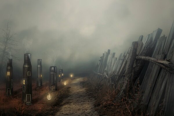Douilles dans une ville abandonnée sur un sentier derrière une clôture