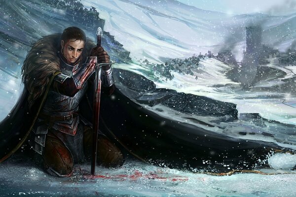 A warrior in armor and a sword on a winter background