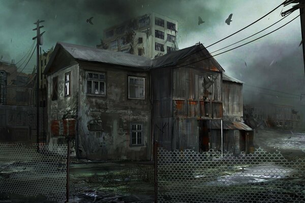 Sombre maison abandonnée avec des oiseaux
