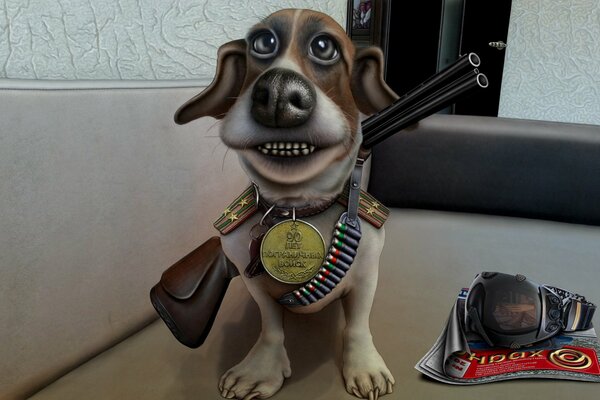 Caricatura del perro de un guardia fronterizo con una pistola y una medalla