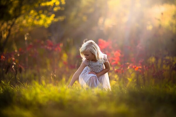 Chica rubia en el bosque de otoño