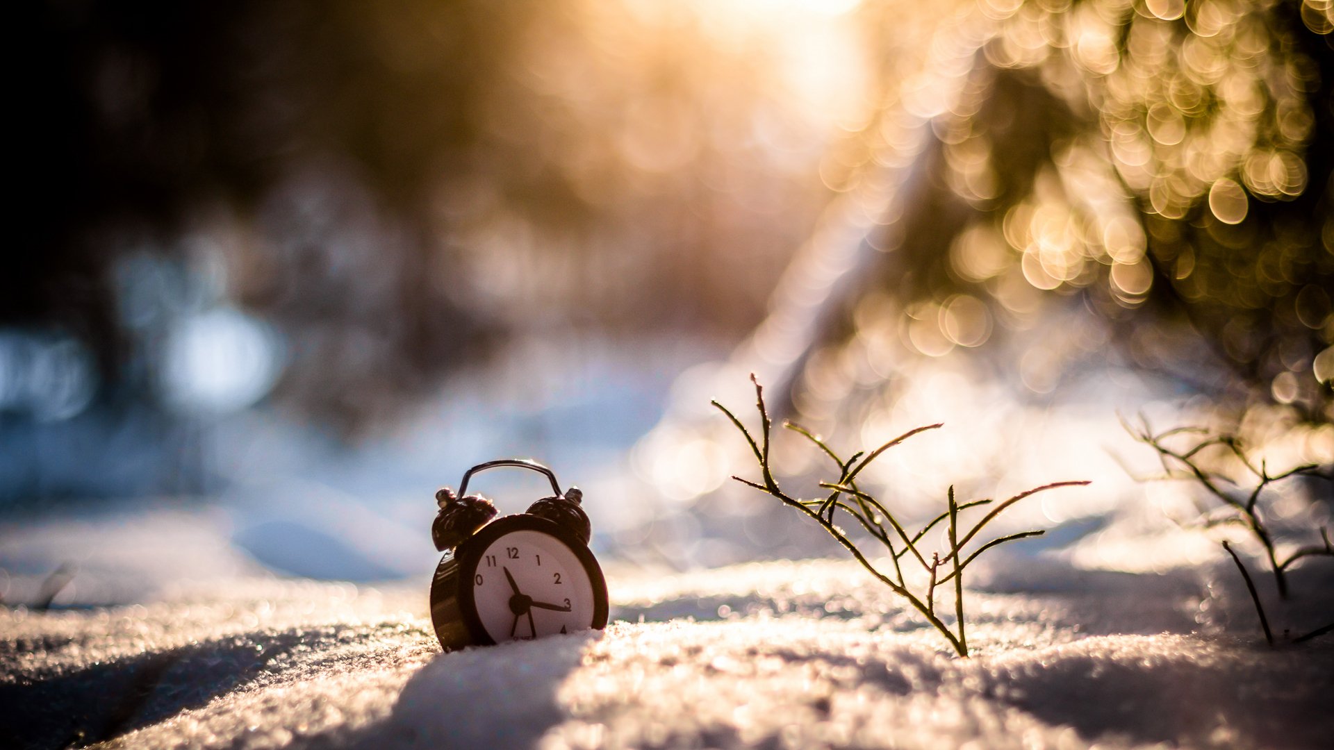 nieve invierno reloj alarma bokeh hierba