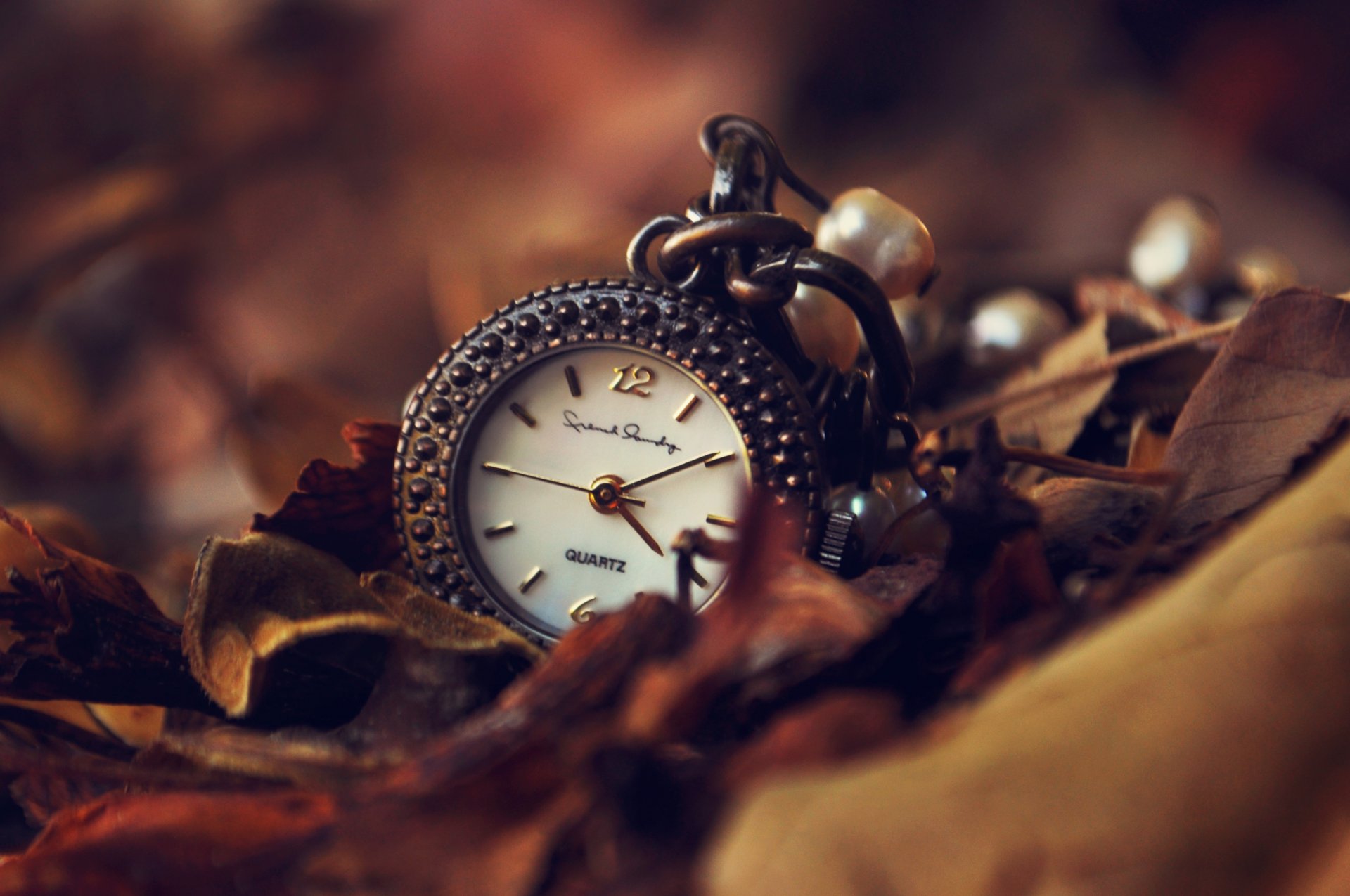 montre cadran mains pendentif feuilles automne