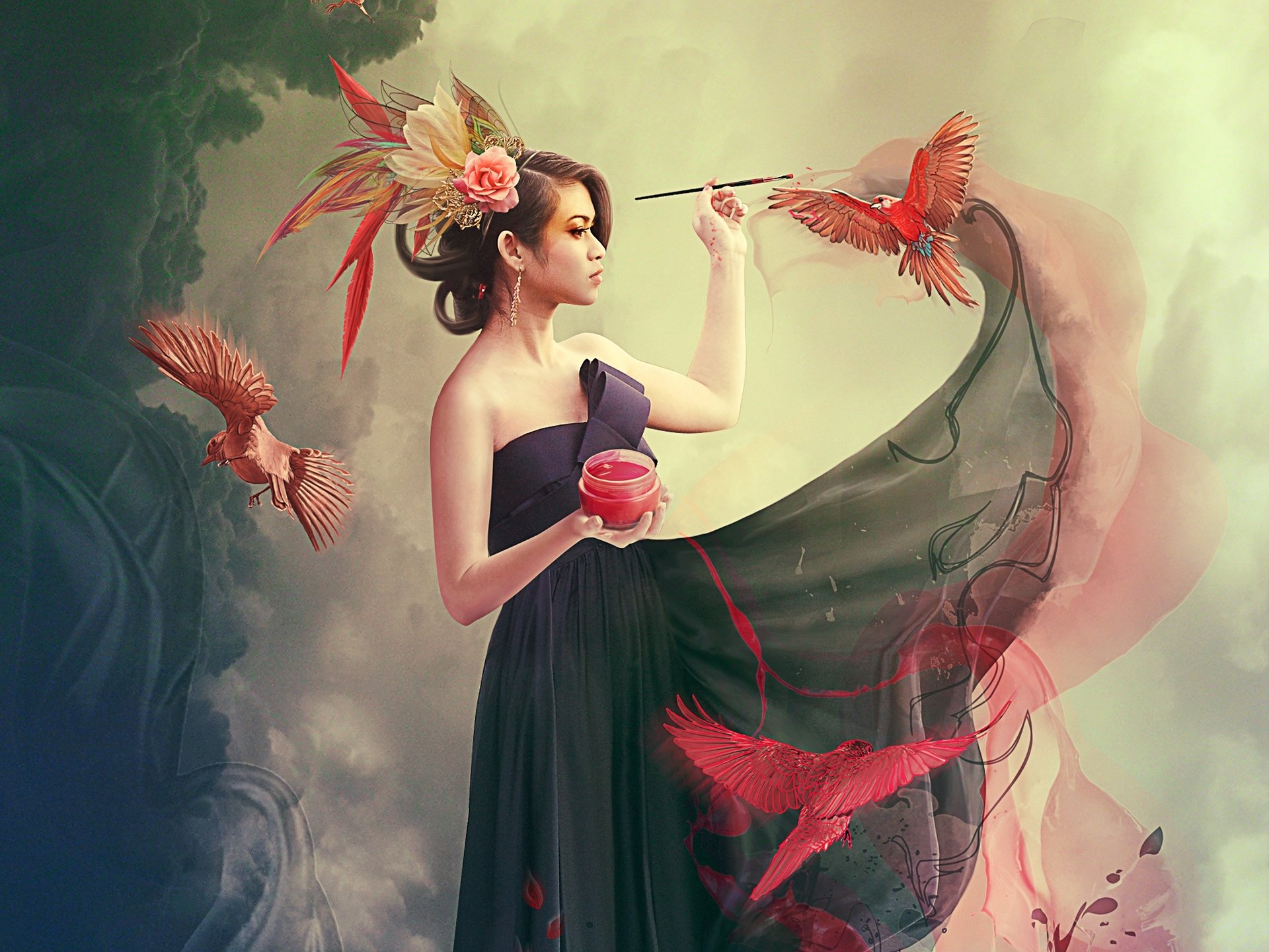 girl paint brush birds photo manipulation