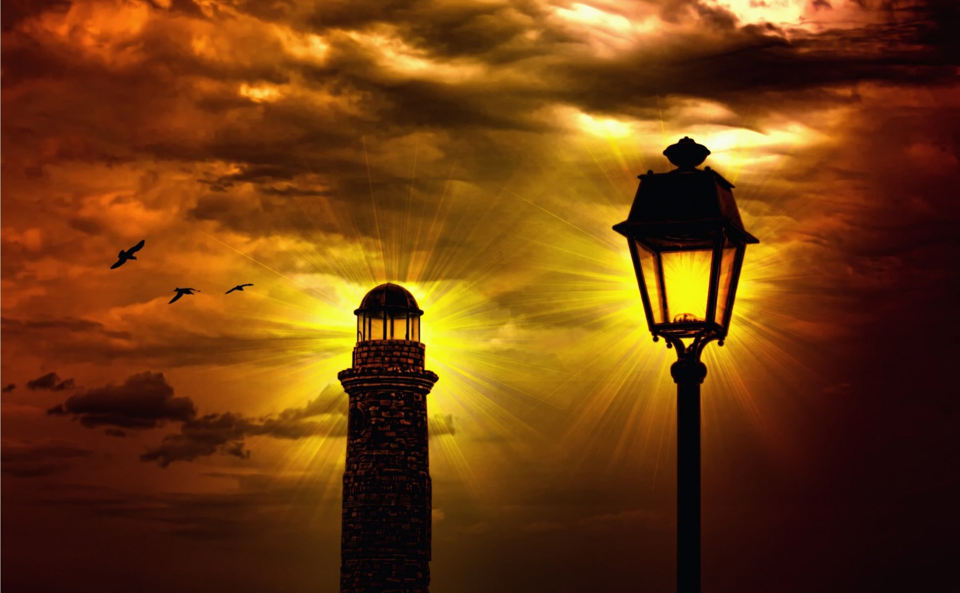 lighthouse lantern light sky clouds sun rays sunset